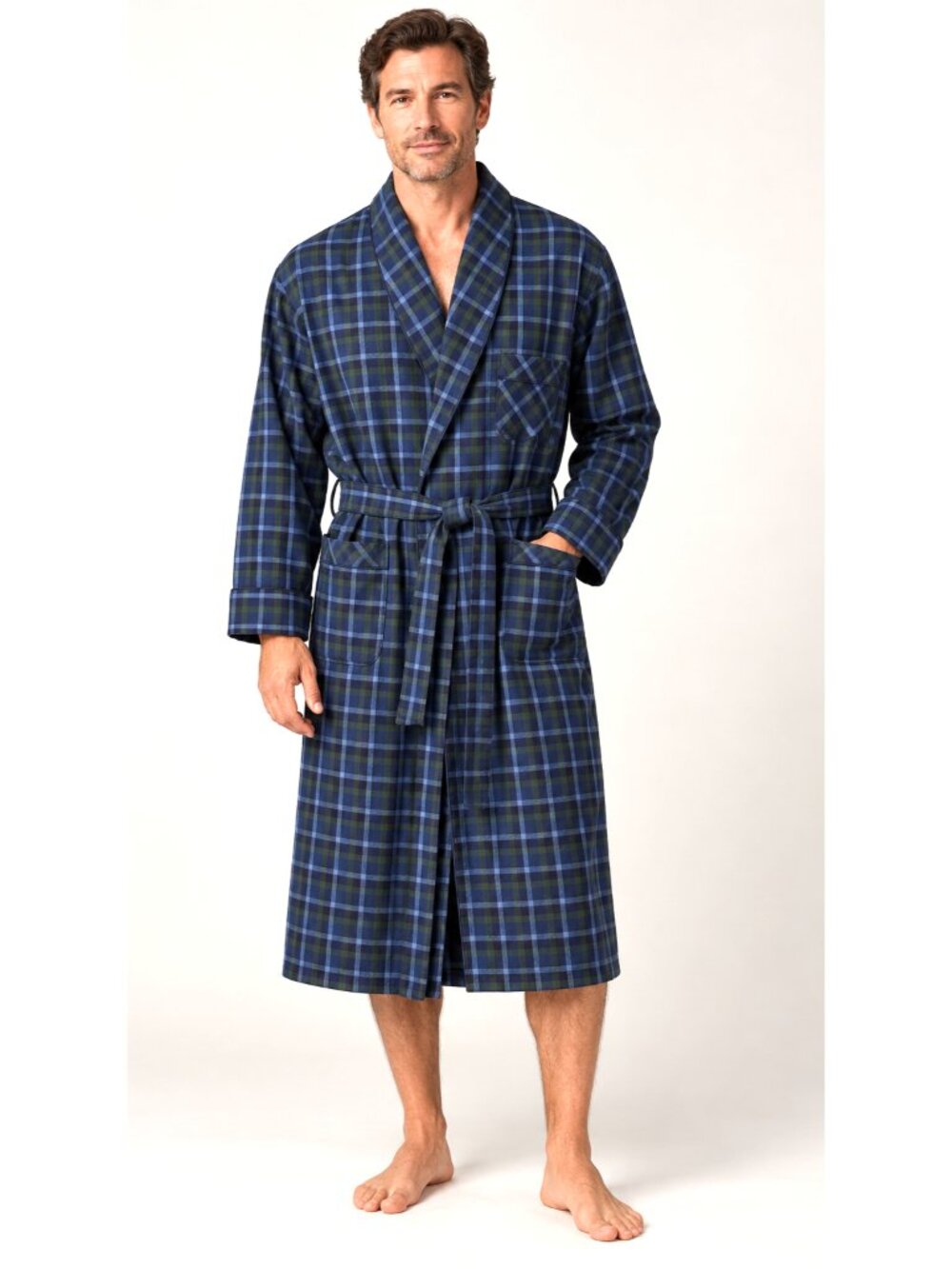 Roundtree & Yorke Men's One Size Robe Plaid Blue Green Cotton Flannel NWT